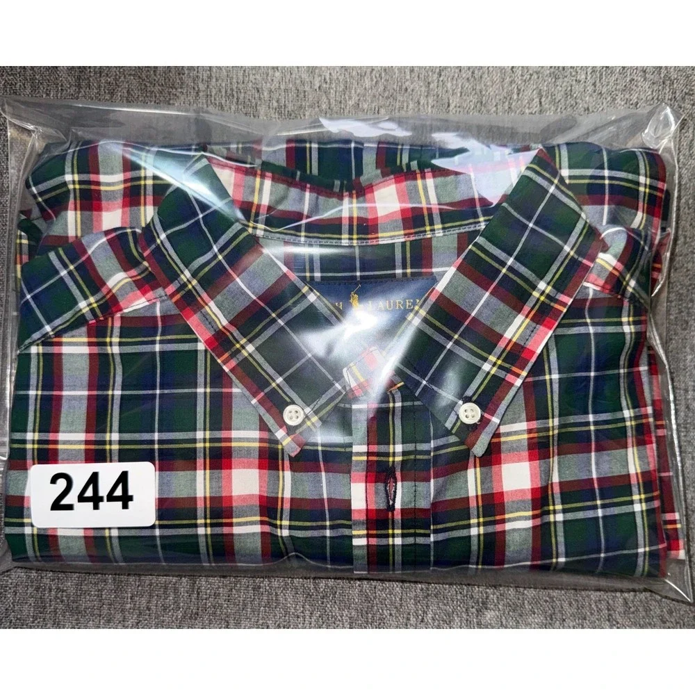 Ralph Lauren Plaid Button Down Shirt Kids XL 18-20 Green Red Natural Stretch